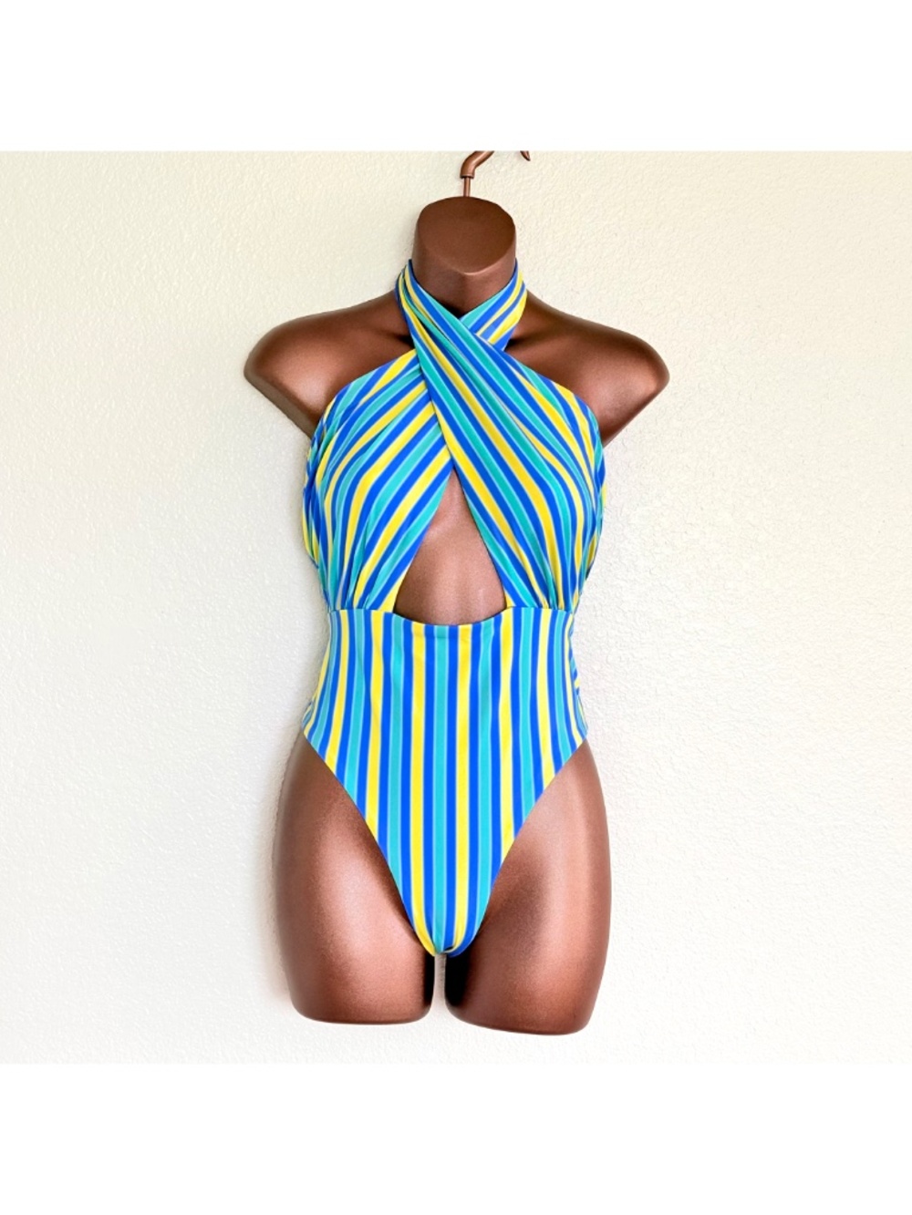 Simon Miller x Mango Retro 70s Mon Stripe Halter Keyhole One Piece Swimsuit Sz M